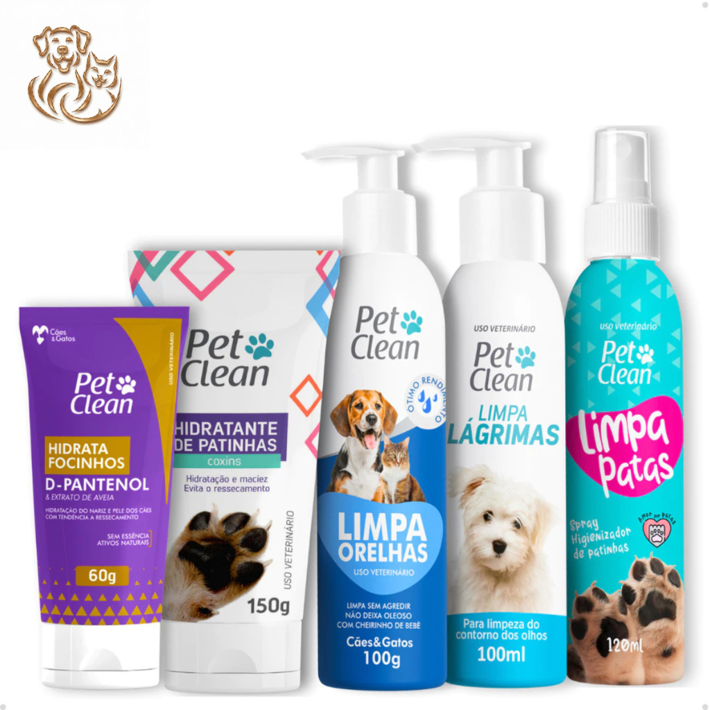 Kit Higiene Pet Clean Limpa Patas + Orelhas + Lágrimas + Hidratante de Patas + Focinhos Cães e Gatos