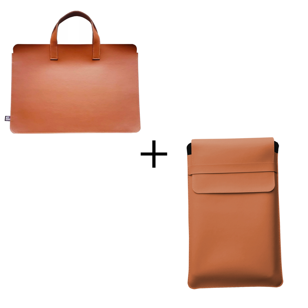 Pasta mais Sacola para Notebook em Couro Ecológico Caramelo