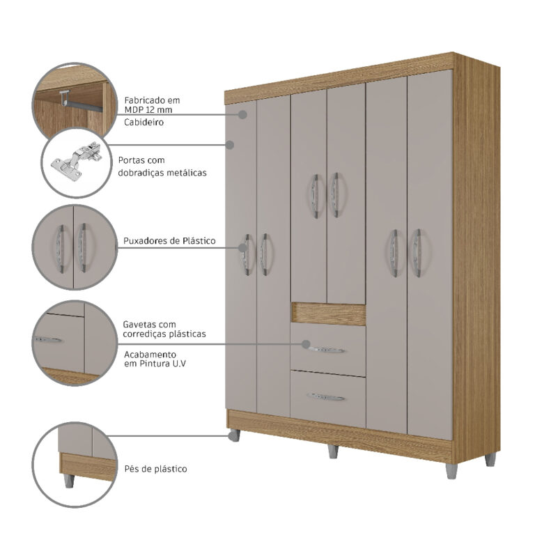 Guarda-roupa Roupeiro Solteiro Milão 6 Portas 2 G