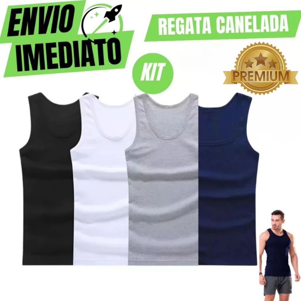 Kit C/4 C/3 e C/2 Regata Premium Masculina Modelo Americano Canelada Algodão e Elastano Malha Encorp