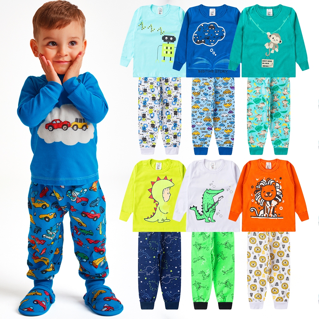 Kit 6 Peças Pijama Brilha no Escuro Sortido Infantil Menino Inverno Roupa Infantil Masculina