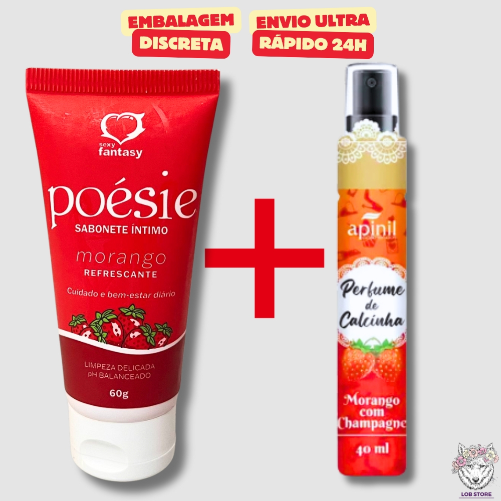 Kit Sabonete Íntimo Poésie Morango 60g + Perfume de Calcinha Morango Com Champagne 40ml Sexy Fantasy