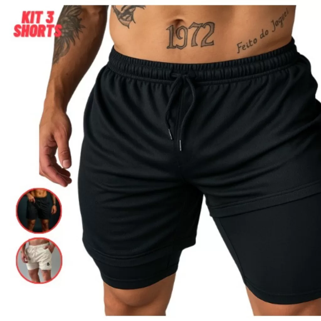 KIT 3 Shorts Masculino 2 em 1 Corrida Forrado Envio imediato