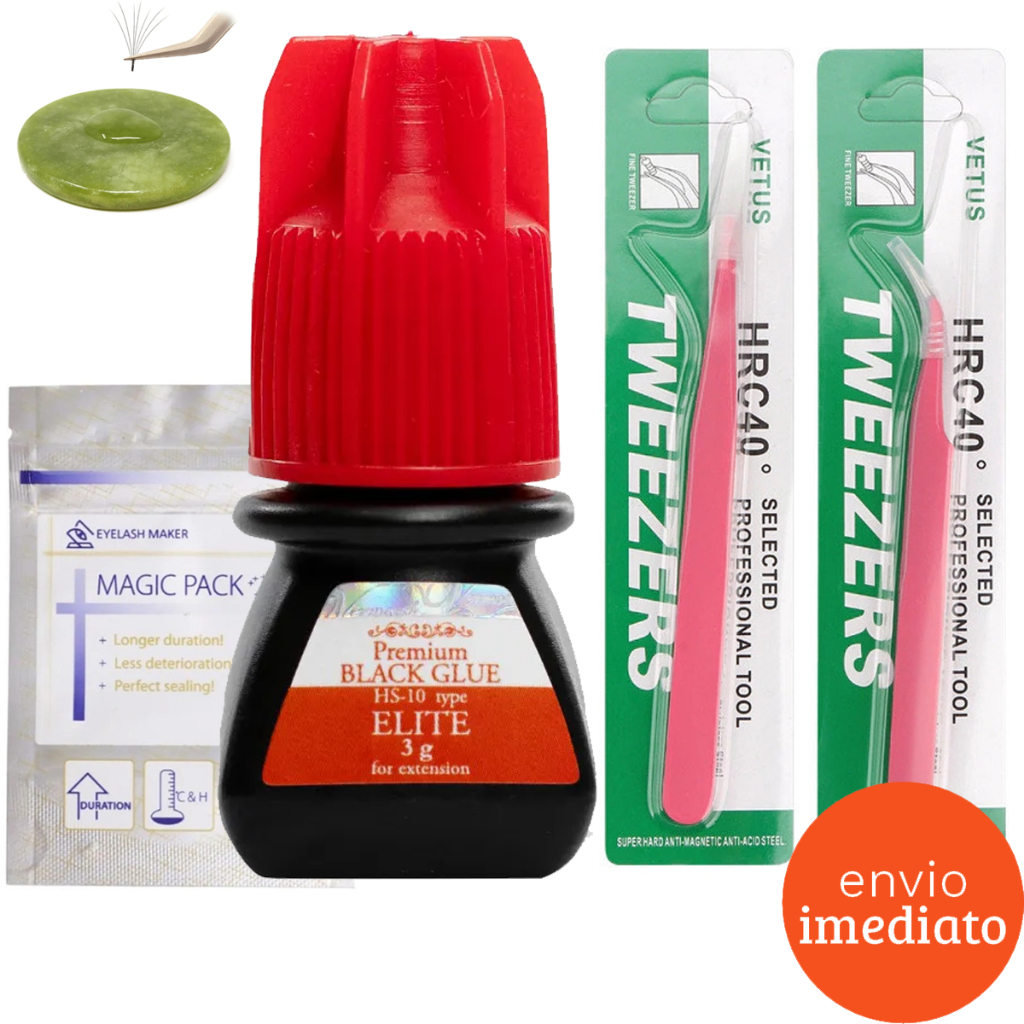 Cola Elite Premium Hs-10 3ml Alongamento Cílios Anvisa + Pedra Jade e Par de Pinças