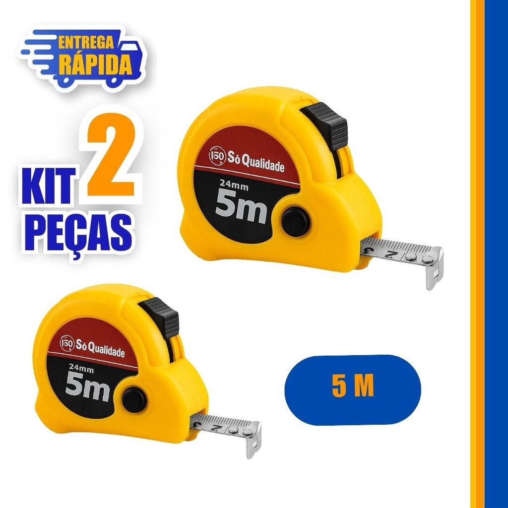 2 UNID Trena 5 Metros x 24 mm de Metal Kit com 3 Und c/ Trava Freio Manual, Aferição das Medidas