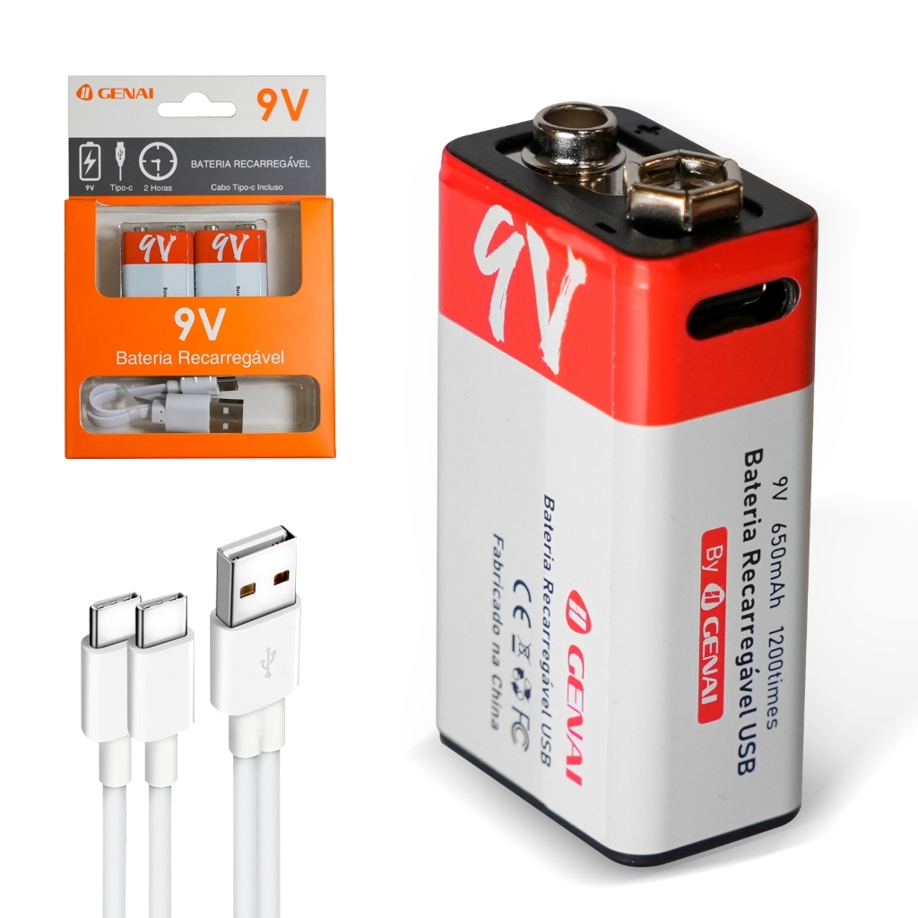 Kit 1/Kit 2 Pilhas Recarregáveis 9V 650mAh IIgenai – USB-C, Carga Rápida 2h, 1200 Ciclos