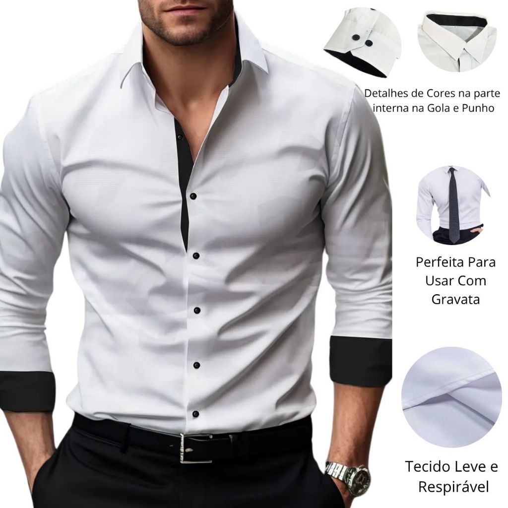 Camisa Social Masculina Slim Manga Longa Premium Padrinho de Casamento