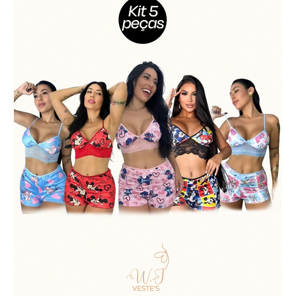 Kit 5 Top Doll Personagens Suede Com Renda Baby Doll Cropped
