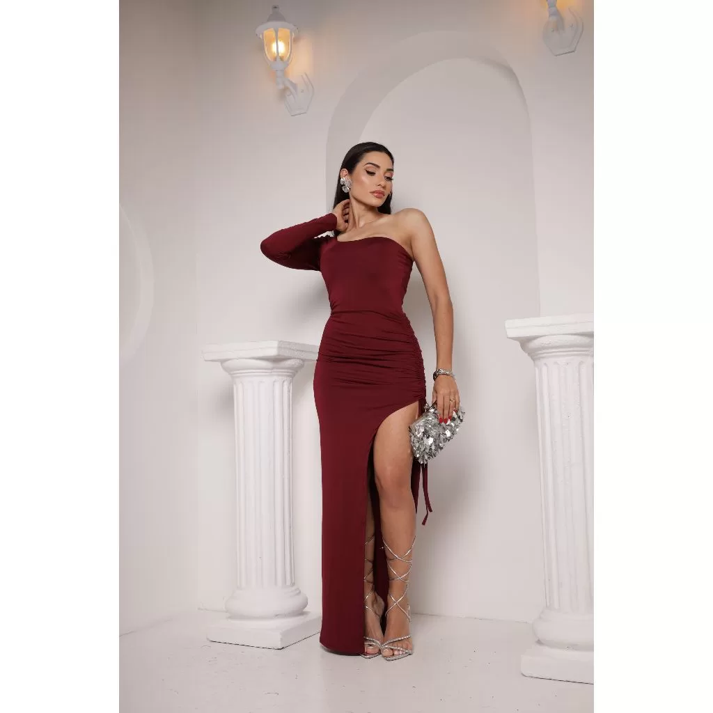 Vestido Feminino longo Madrinha Manga Longa Ombro Unico com Fenda