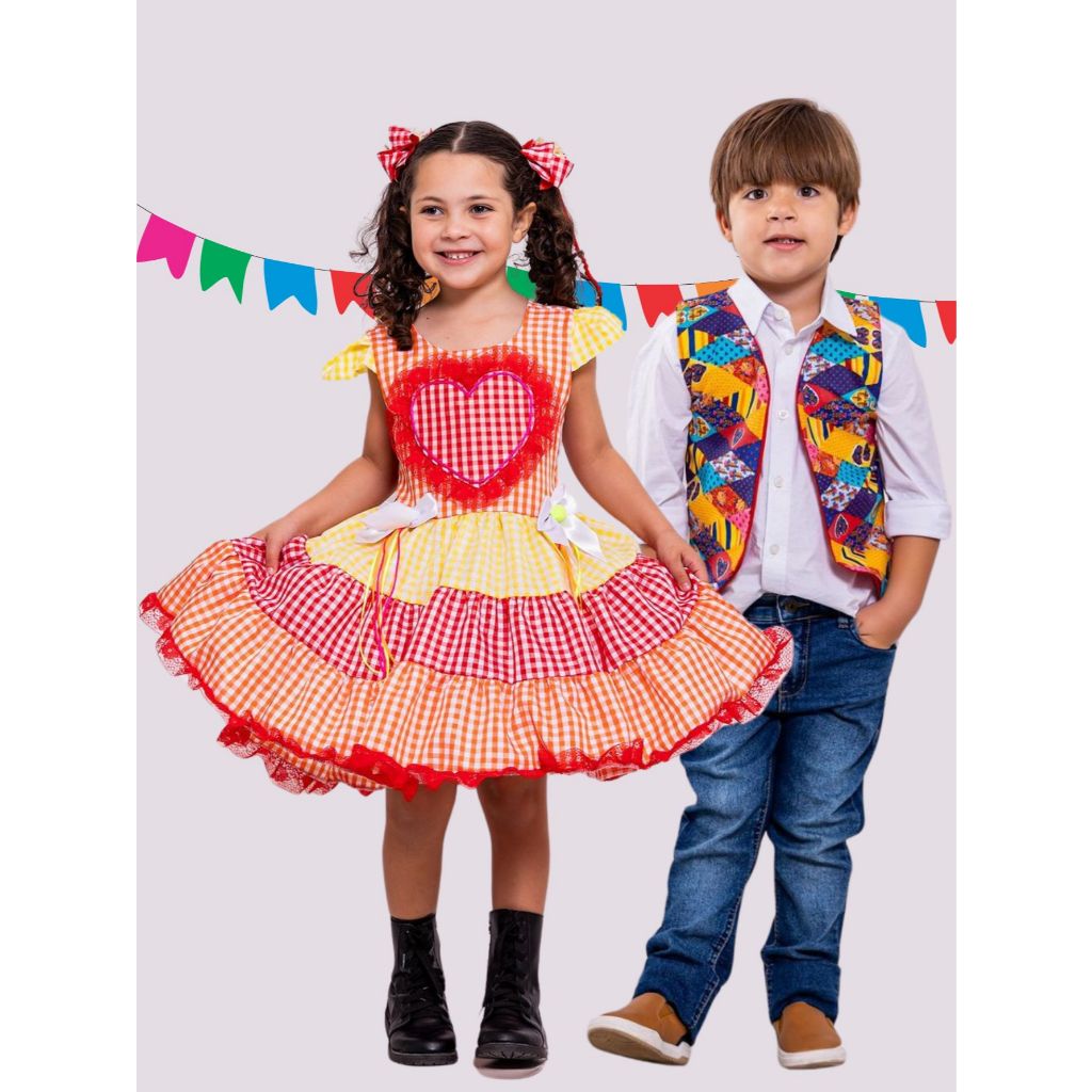 Kit Casal Junino Infantil Colete Retalho Colorido + Vestido Coração São João Festa