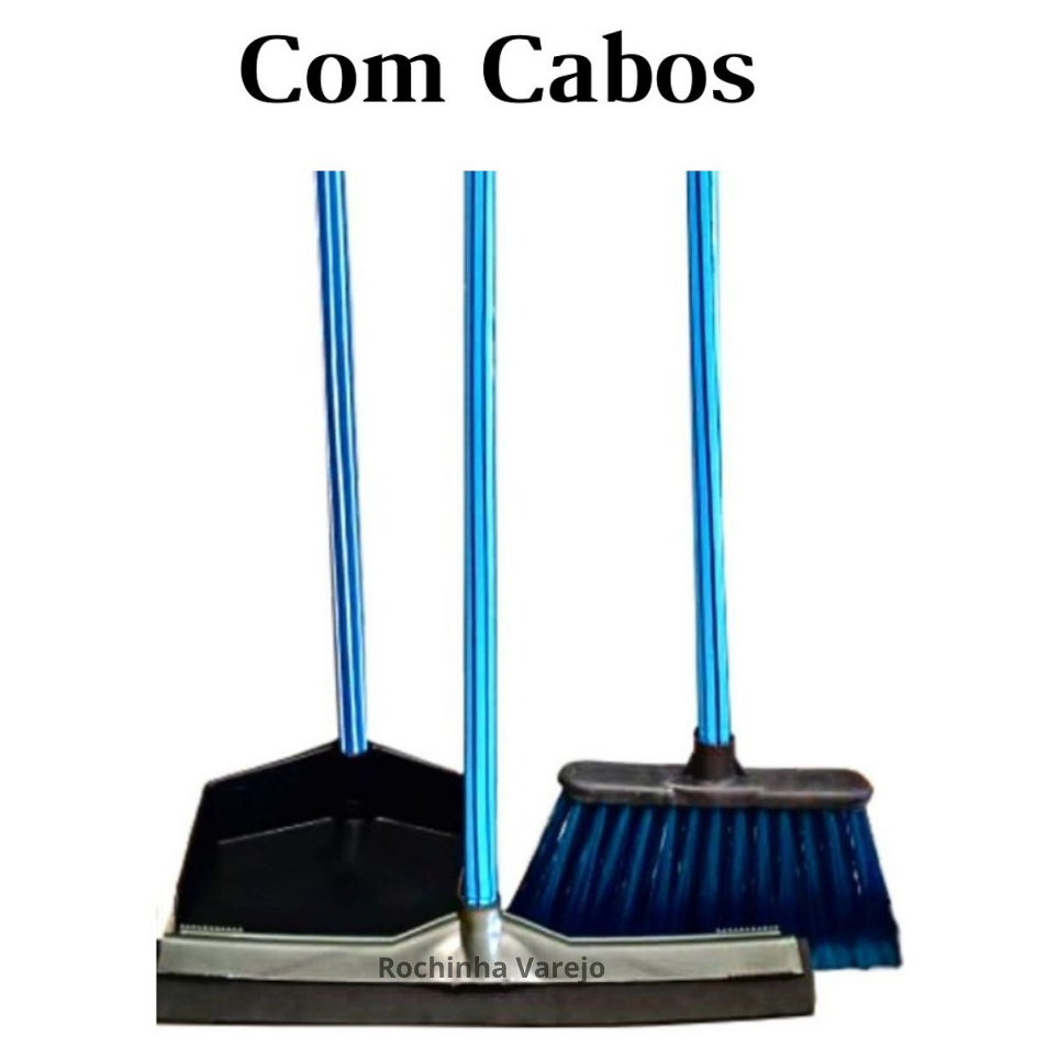 Kit com Vassoura com cabo, Rodo Duplo de 40cm com Cabo e Pá de Lixo com Cabo Kit Com todos os cabos