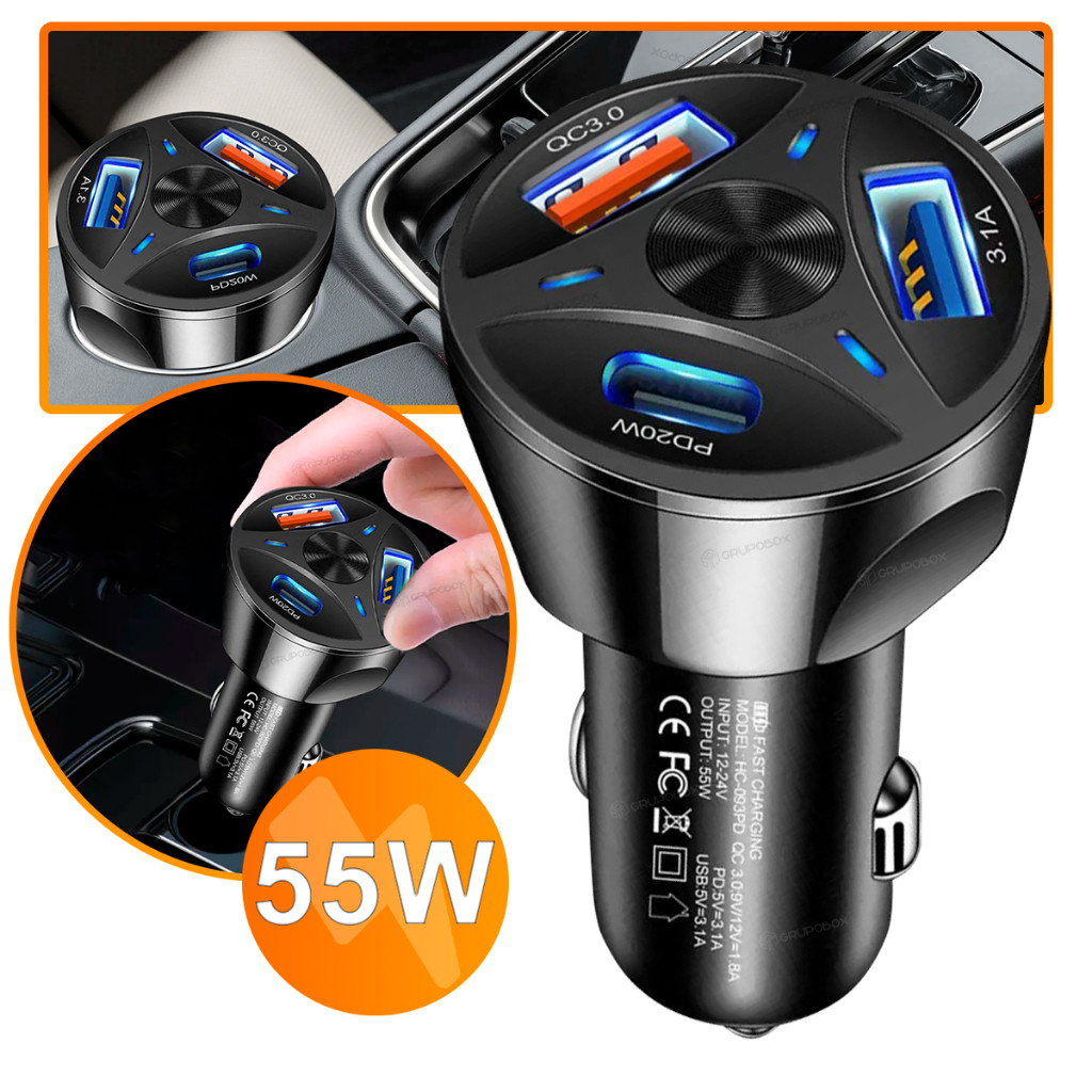 Carregador Veicular Turbo USB 3.0 USB-c USB 3.1A Carregamento Rapido 55w