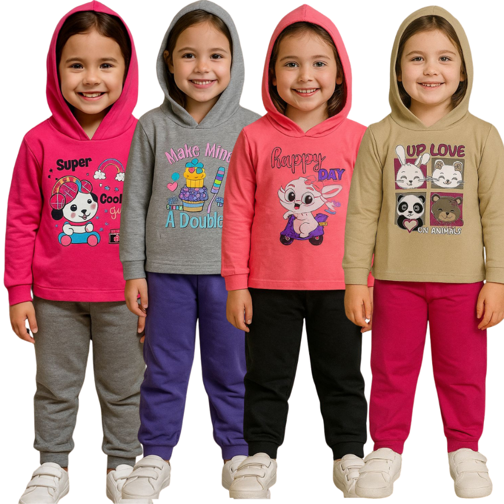 Moletom Calça e Blusa Infantil Peluciado Conjunto Com Capuz Casaco Menina 1 A 8 Anos