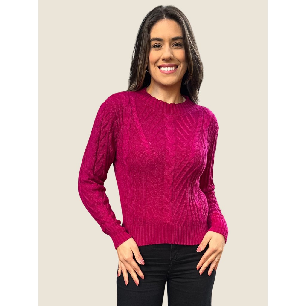 Blusa de Tricot Feminina Gola Redonda Trançada Moda Inverno Nagai