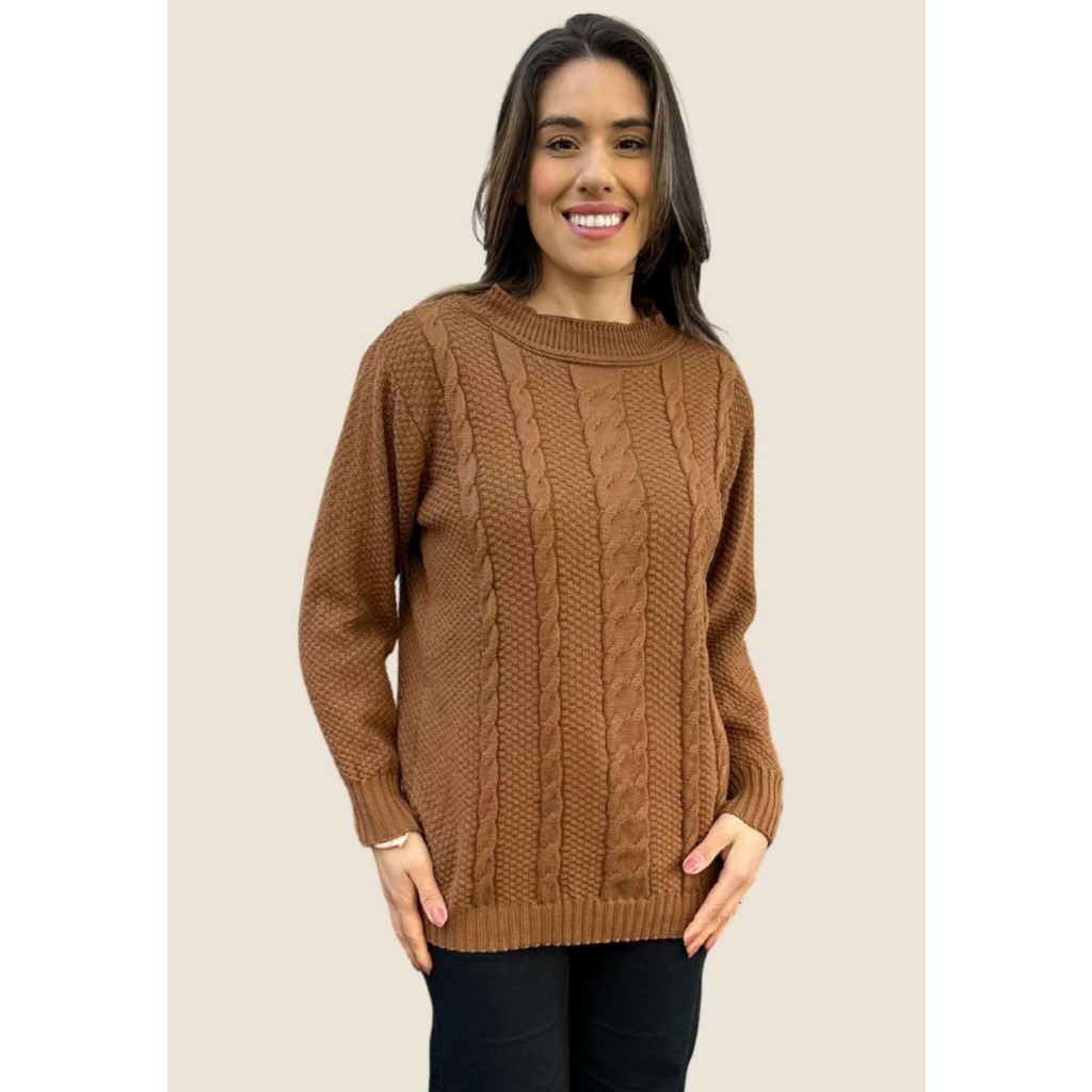 Blusa de Tricot Manga Longa Estampado Trançado em Listras Alto Relevo Nagai