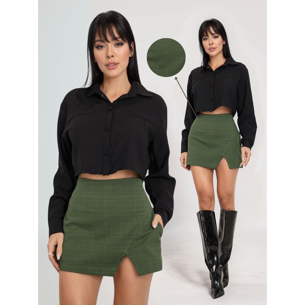 Conjunto Feminino Curto Cropped Camisa e Shorts Saia Xadrez