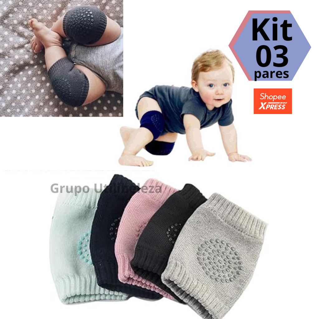 Kit Ate 3 Pares de Joelheira Protero Joelho Infantil Antiderrapante para Bebê Engatinhar Segurança