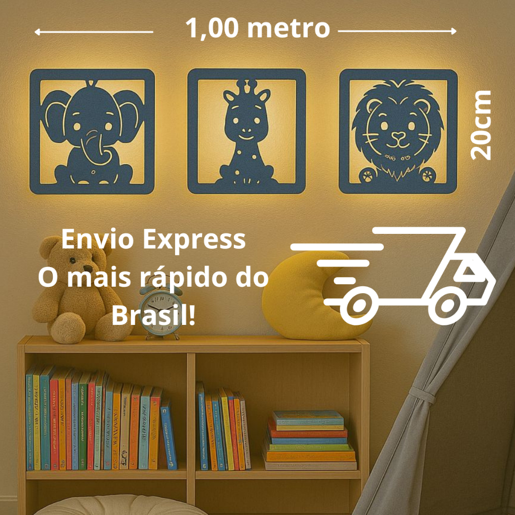 KIT COM 3 Luminárias Safari Baby MDF 50×17 de parede  Luz Suave e Design Divertido