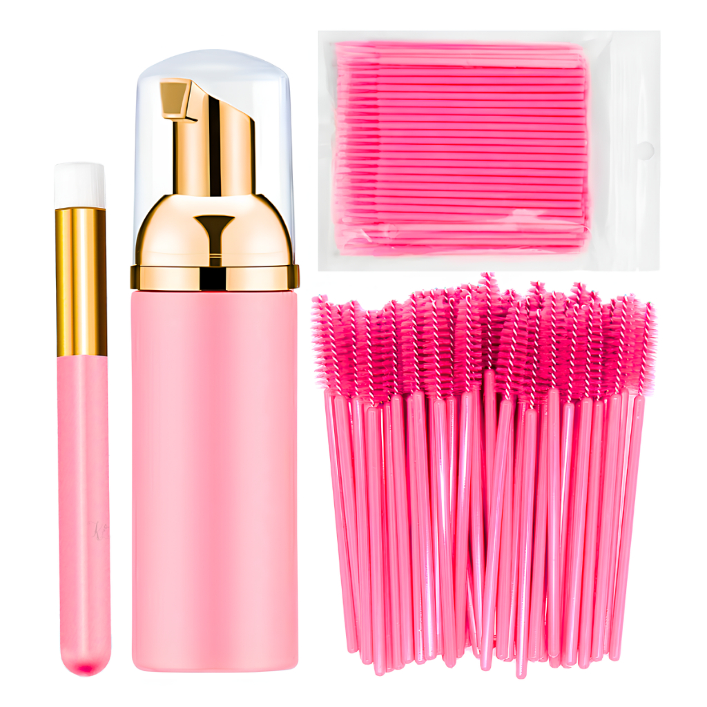 Kit Limpeza e Cuidados para Extensão de Cílios com Pump, Pincel, 100 Escovinhas e 100 Microbrush