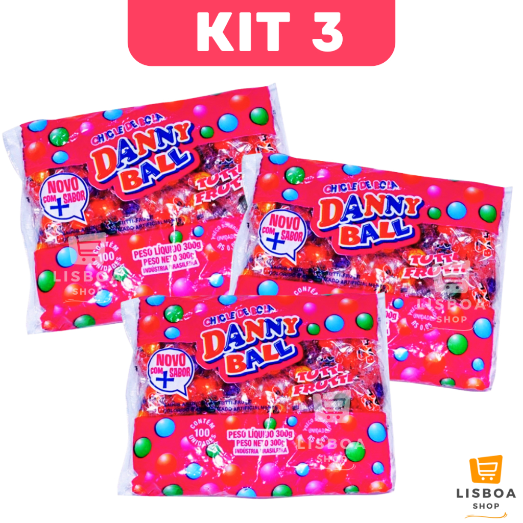 Chiclete De Bolinha Danny Ball Kit 3 Pacotes 300g com 100 unidades cada