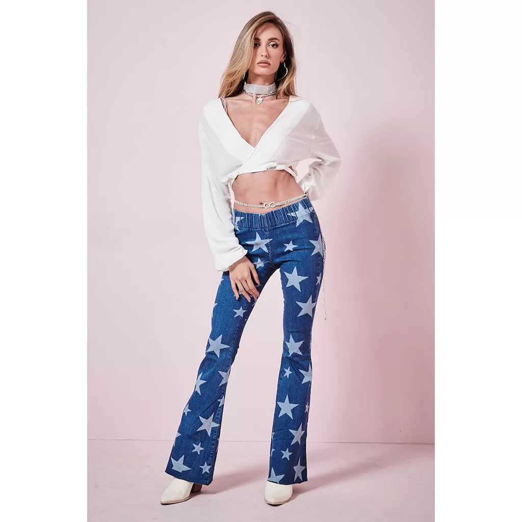Calça Jeans Feminina Flare Estrelas Planet Girls Jeans Médio
