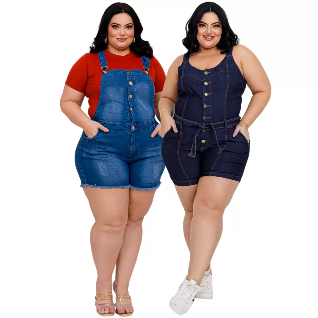 Kit 2 Jardineira Short Macaquinho Jeans Plus Size Feminina Lycra