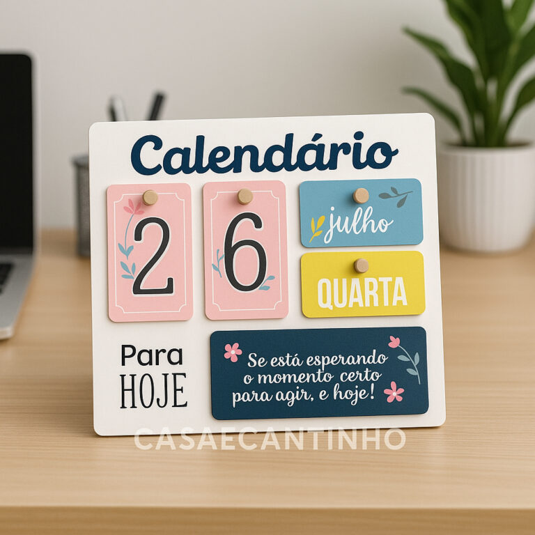 Calendário de Mesa Decorativo de Madeira com Plaq