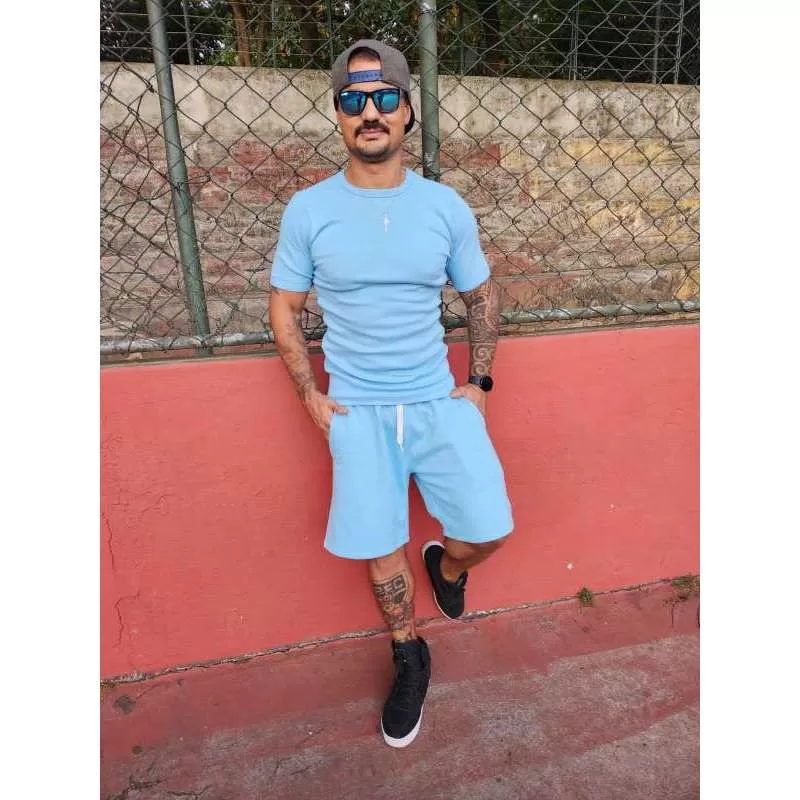 Conjunto Bermuda com Camiseta Masculina Canelada estilo Americana RAPPER