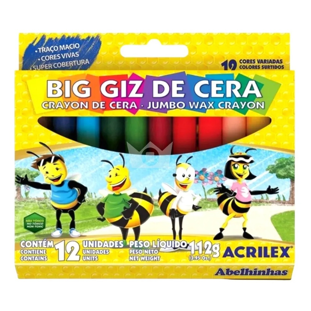 Big Giz de Cera Jumbo 12 cores Acrilex 112gr Material Escolar Aulas Crianças Escola Colorir