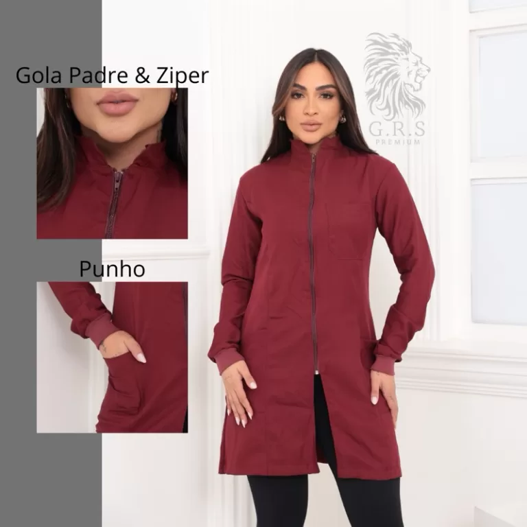 Jaleco Marsala/Vinho Elegante Com Zíper Punho E G