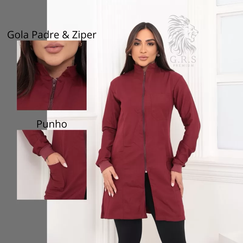 Jaleco Marsala/Vinho Elegante Com Zíper Punho E Gola Padre Feminino, Avental Para Profissões