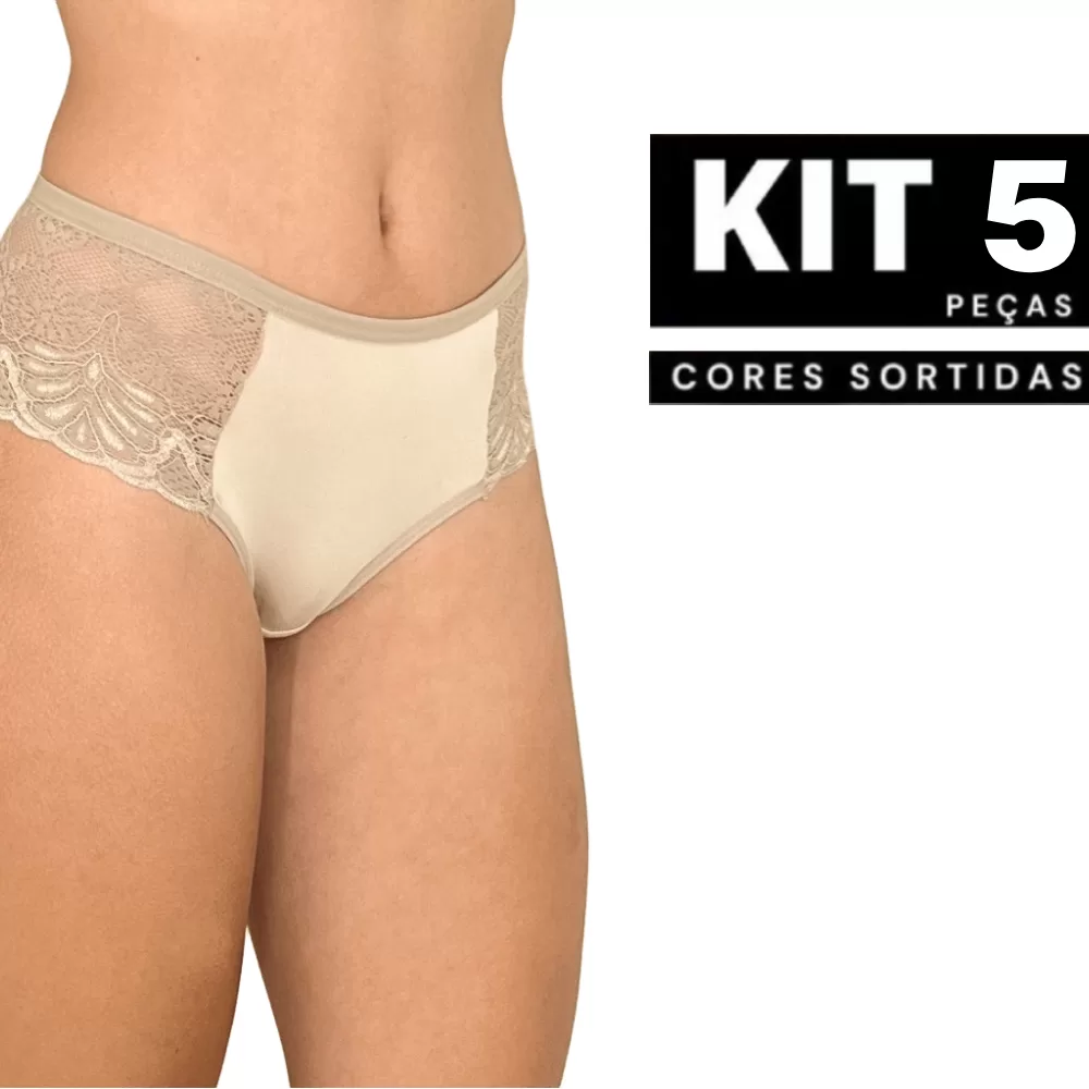 Kit 1 à 5 Calcinha Reforçada com Detalhes em Renda Cós Alto Confortável