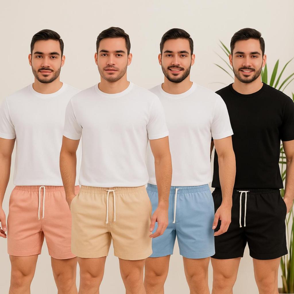 Kit com 4 Short Linho Masculino Bermuda Mauricinho Moda Praia Básico curto