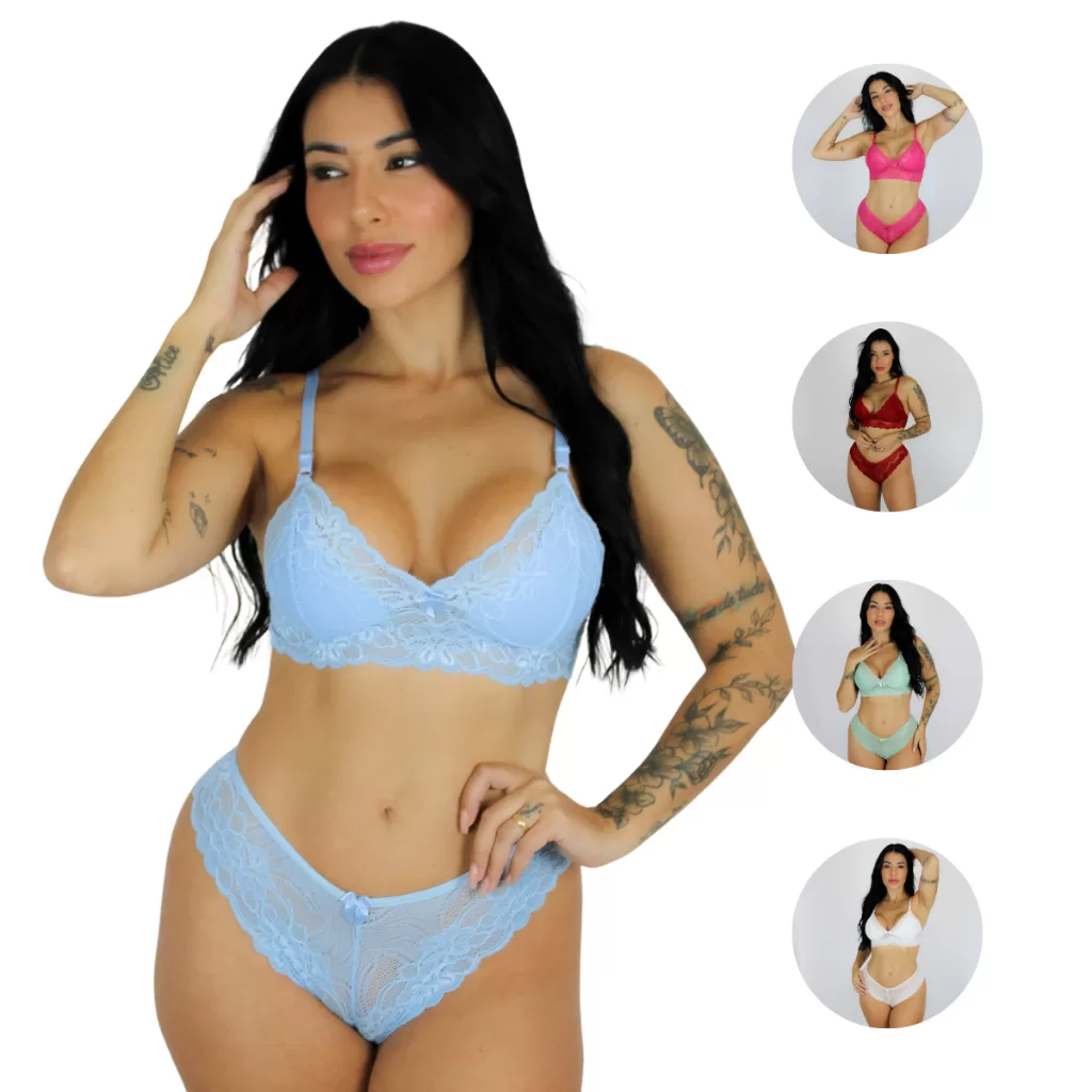 Kit 3 Conjunto de Calcinha e Sutiã Lingerie Confortável Renda Liz Rendado Sensual Lingerie Feminina