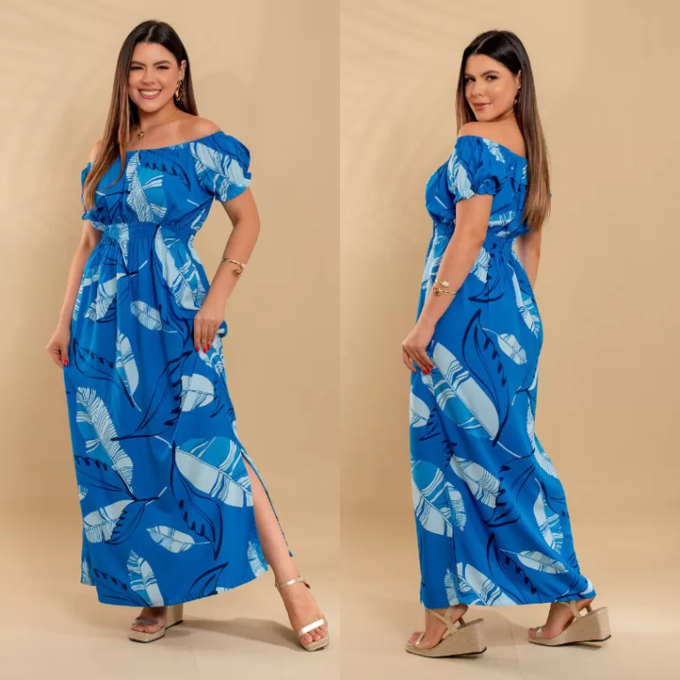 Vestido Longo em Viscolinho Manga Curta  Ombro a O