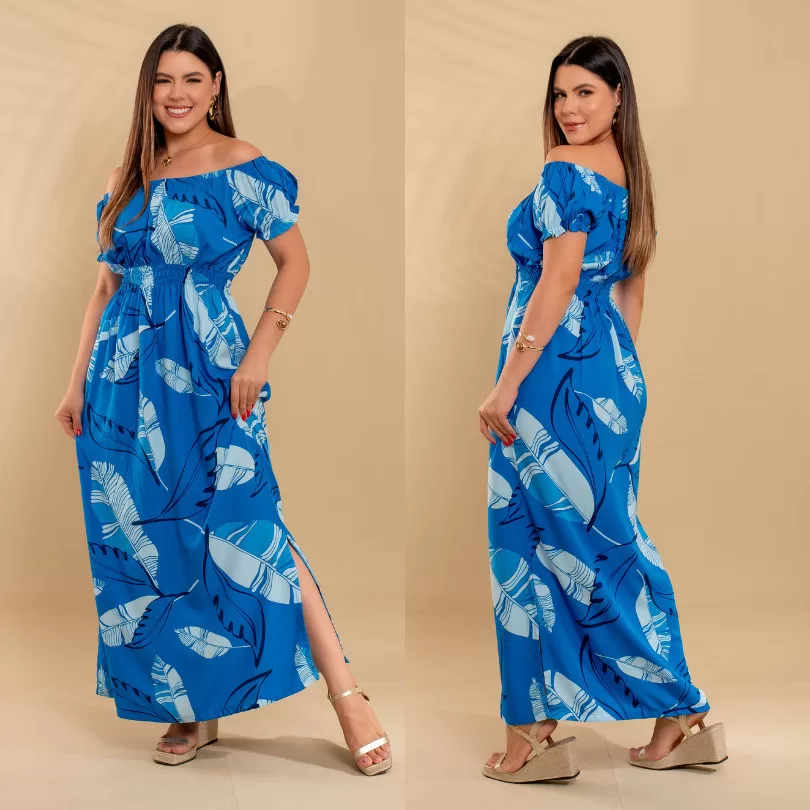 Vestido Longo em Viscolinho Manga Curta  Ombro a Ombro