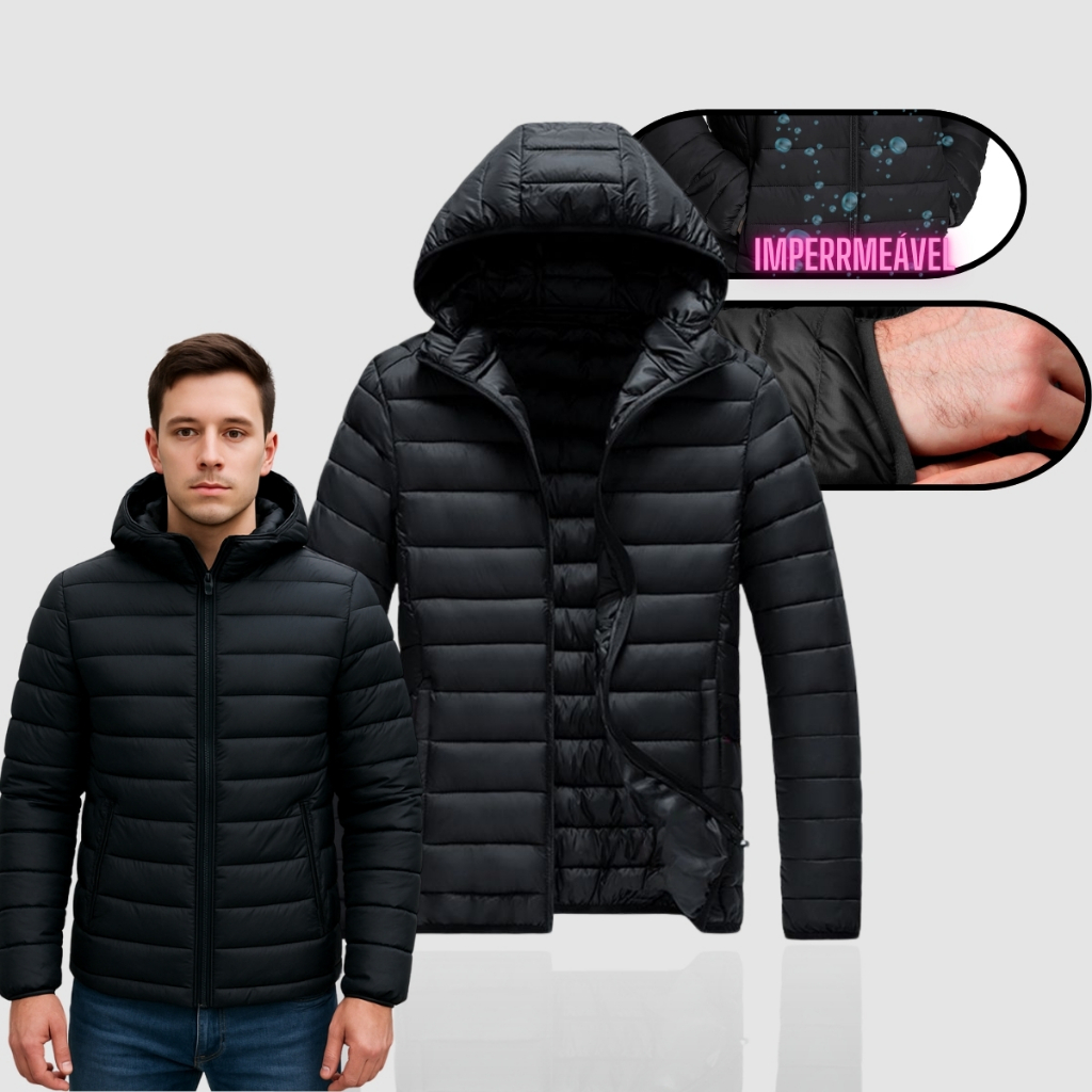 Jaqueta Puffer Masculina Bobojaco Bomber Blusa de Frio Inverno Neve Com Touca Removível