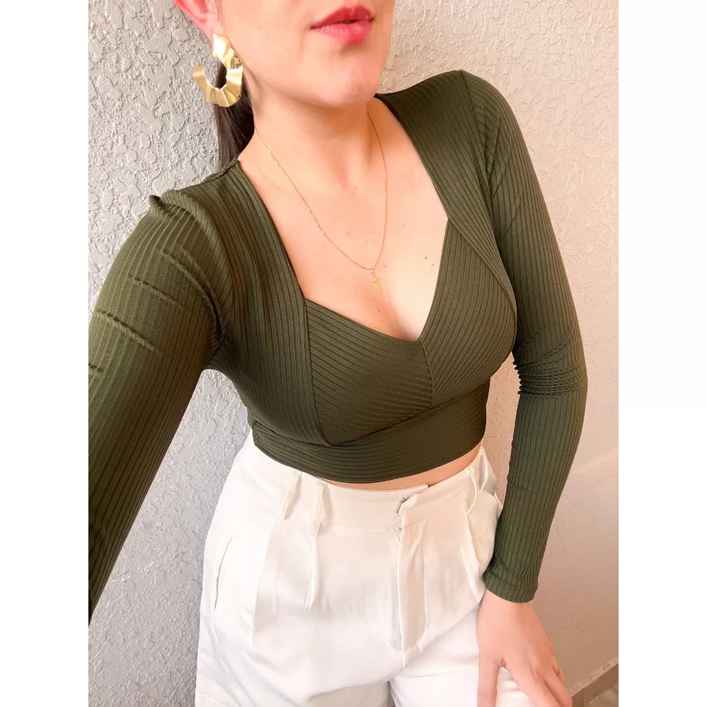 Blusa Cropped Manga Longa Gola V Feminina Canelado Outono Tendencia Casual Moderno