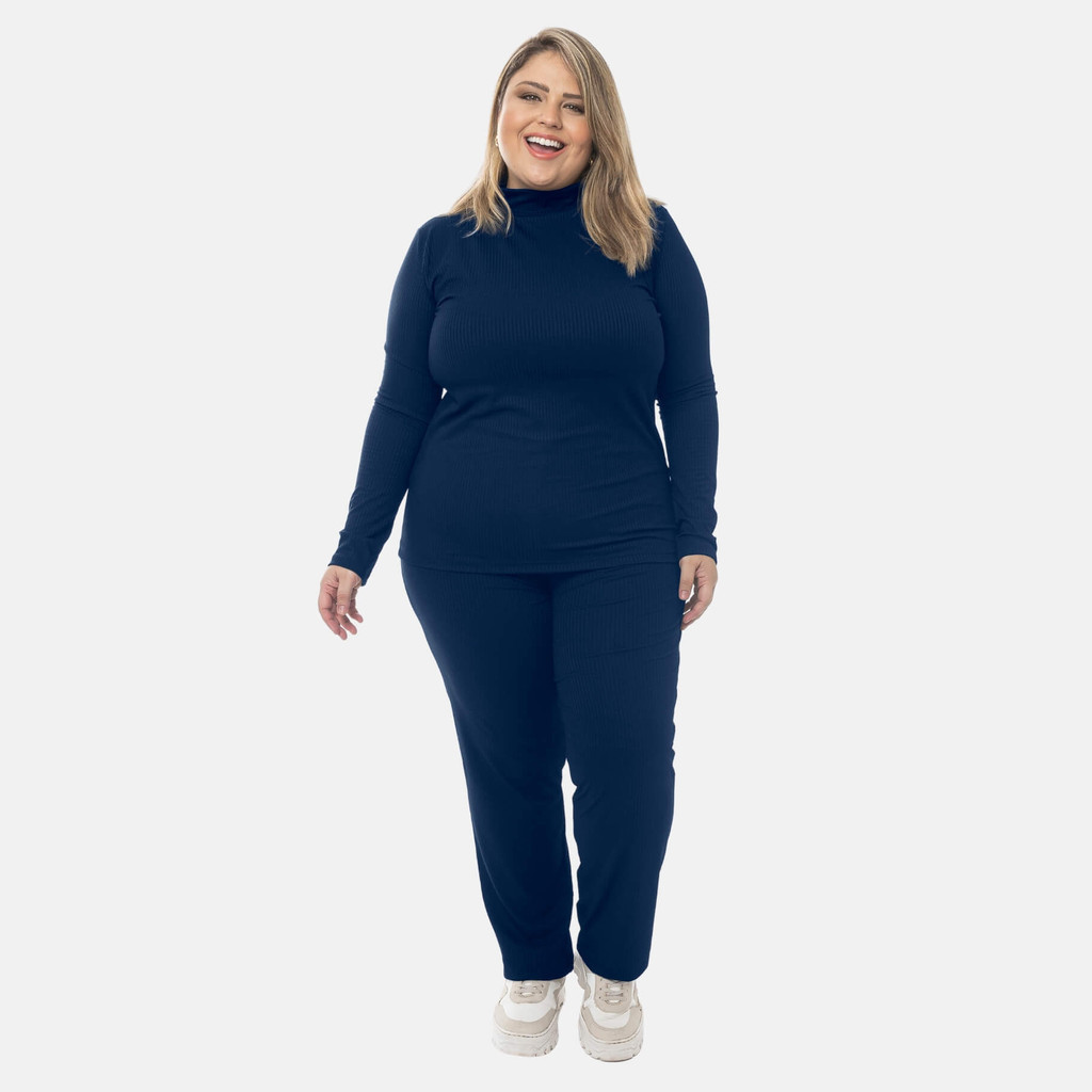 Conjunto Feminino Plus Size Canelado Calça e Blusa Gola Alta Casual Confortável 1209-1210-C2