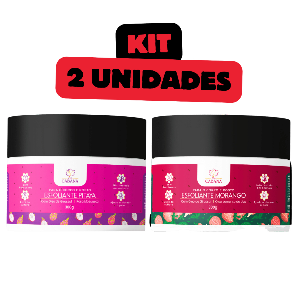 Kit 2 Esfoliantes Fio Cabana 300g Corporal e Facial Morango ou Pitaya Hidratação e Renovação