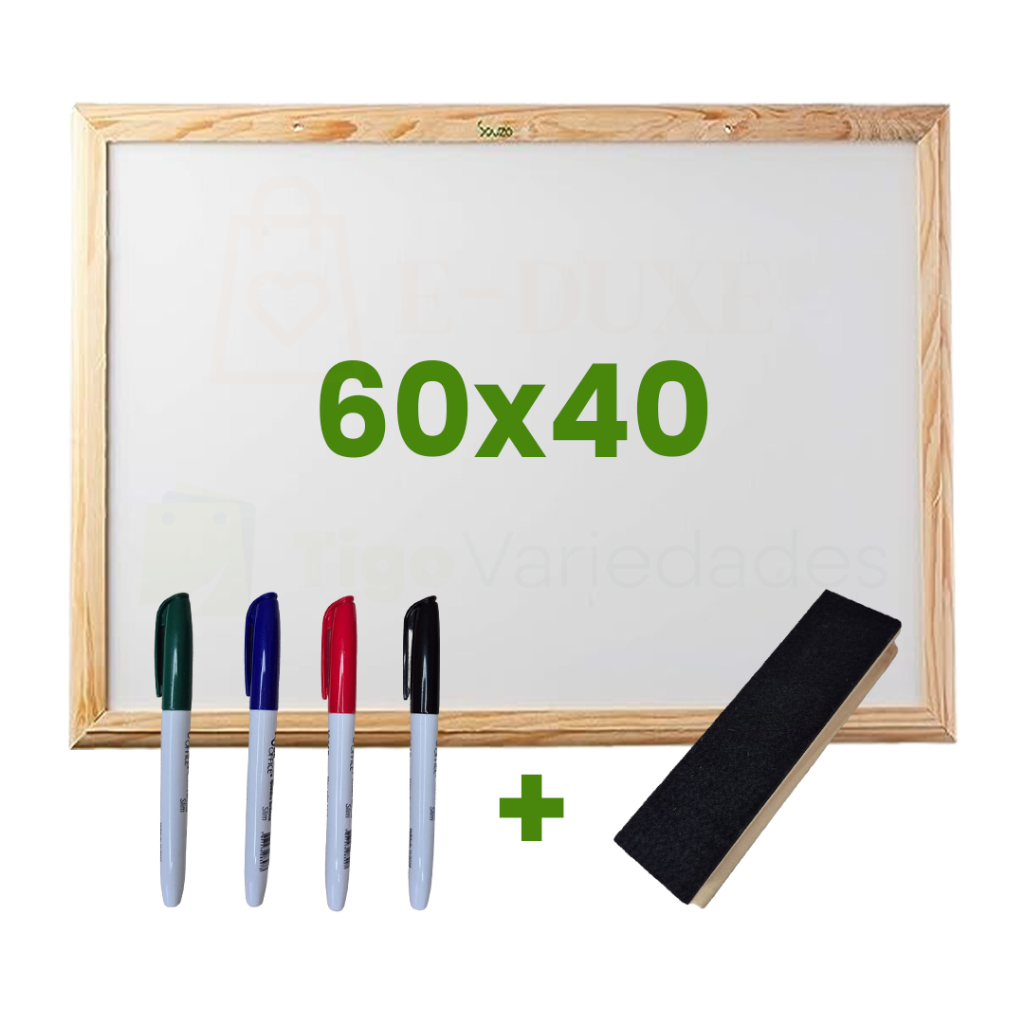 Quadro Lousa Escolar Branco 60×40 Moldura em Madeira com Apagador e Marcadores