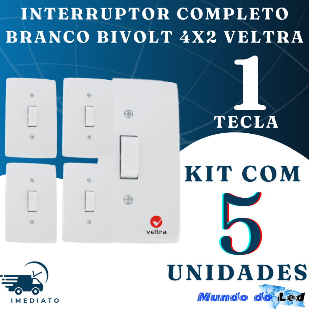 Kit 5 Interruptor Completo Branco Bivolt 4×2 Veltra
