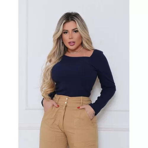 Blusa Feminina Manga Longa Viscolycra Decote Quadr