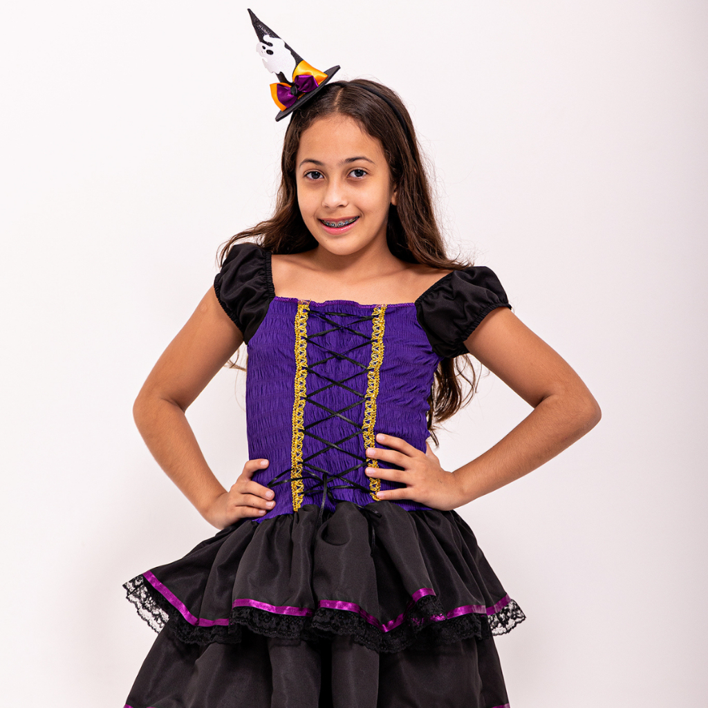 Fantasia Bruxinha Vestido Chapéu Tiara Halloween Festa Bruxas
