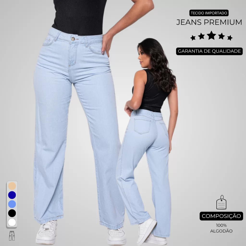 Calça Jeans Wide Leg Feminina Cintura Alta Pantalona Premium Jeans Grosso 100% Algodão Levanta Bumbu