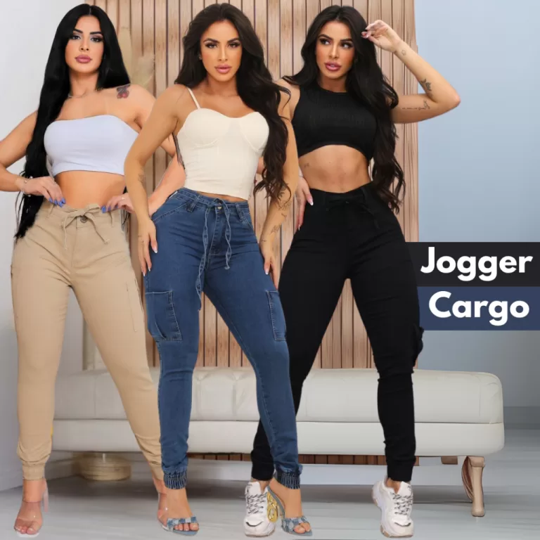 Calça Jogger Feminina Cargo Jeans com Lycra Casua