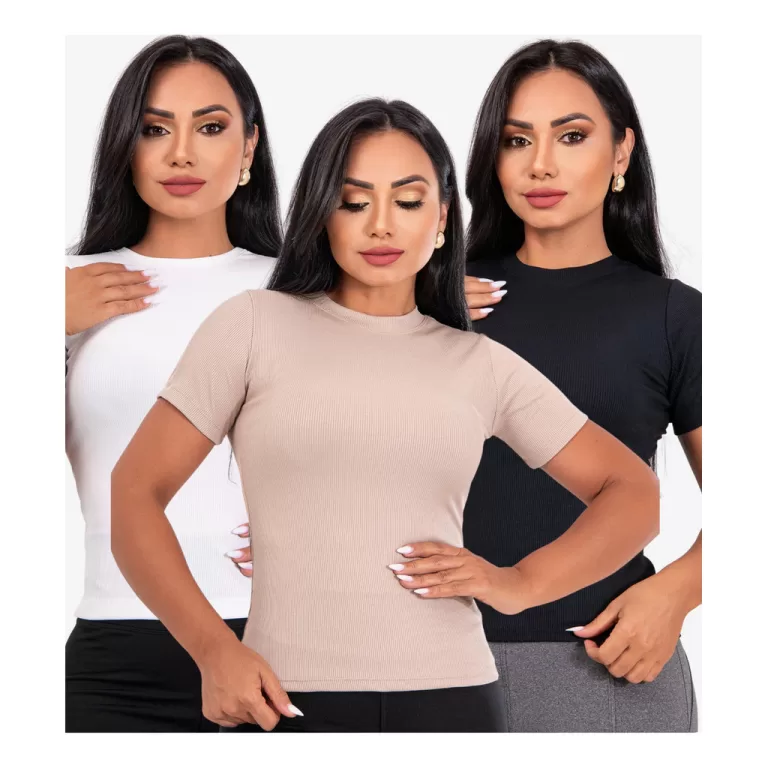 Combo 3 Blusa Feminina Canelada Gola Alta Slim Rib