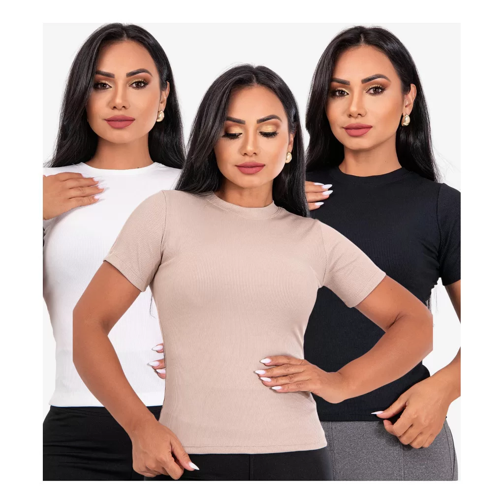 Combo 3 Blusa Feminina Canelada Gola Alta Slim Ribana