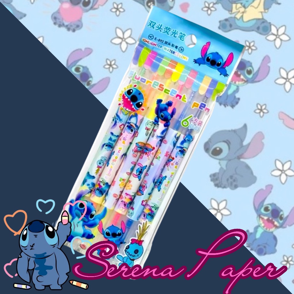 KIT MARCA TEXTO PONTA DUPLA STITCH / VINGADORES  COM 6 UNIDADES / PAPELARIA FOFA KAWAII / ESCOLAR