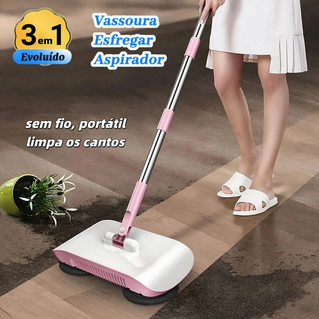 Vassoura Mágica 3 em 1:Aspirador e Esfregão Giratório Manual Vassoura Limpeza Prática Mop Doméstico